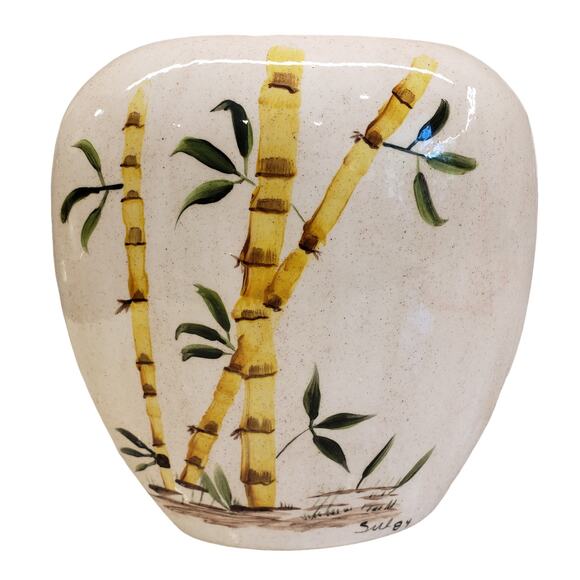 Vintage Hand Painted Bamboo Vase Signed 1984 Rare Vintage Vase Clay Pottery - Picture 1 of 15